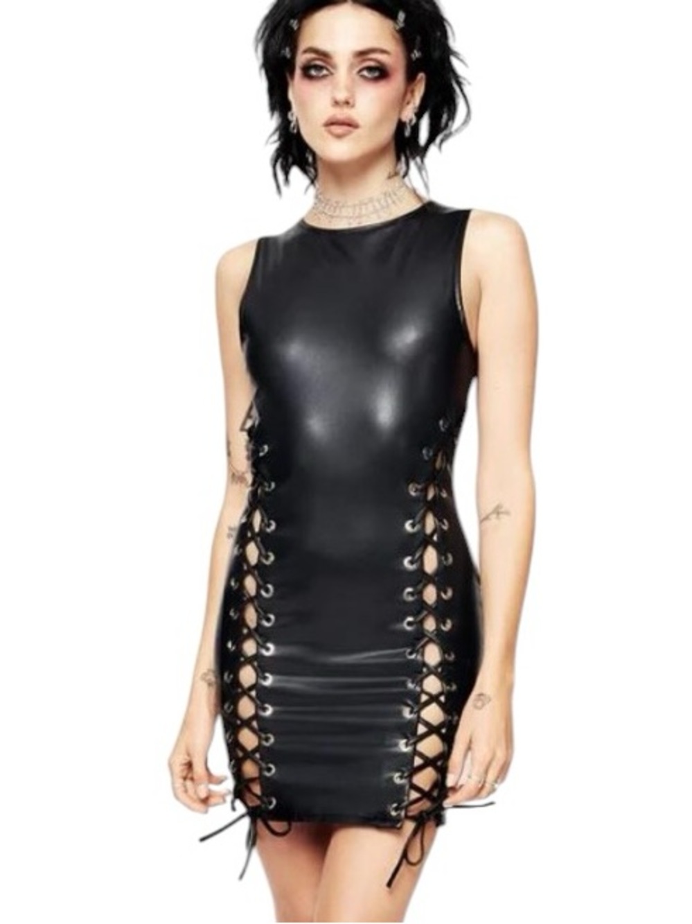 Disturbia Sleeveless Black Vegan Leather Lace-Up Mini Dress